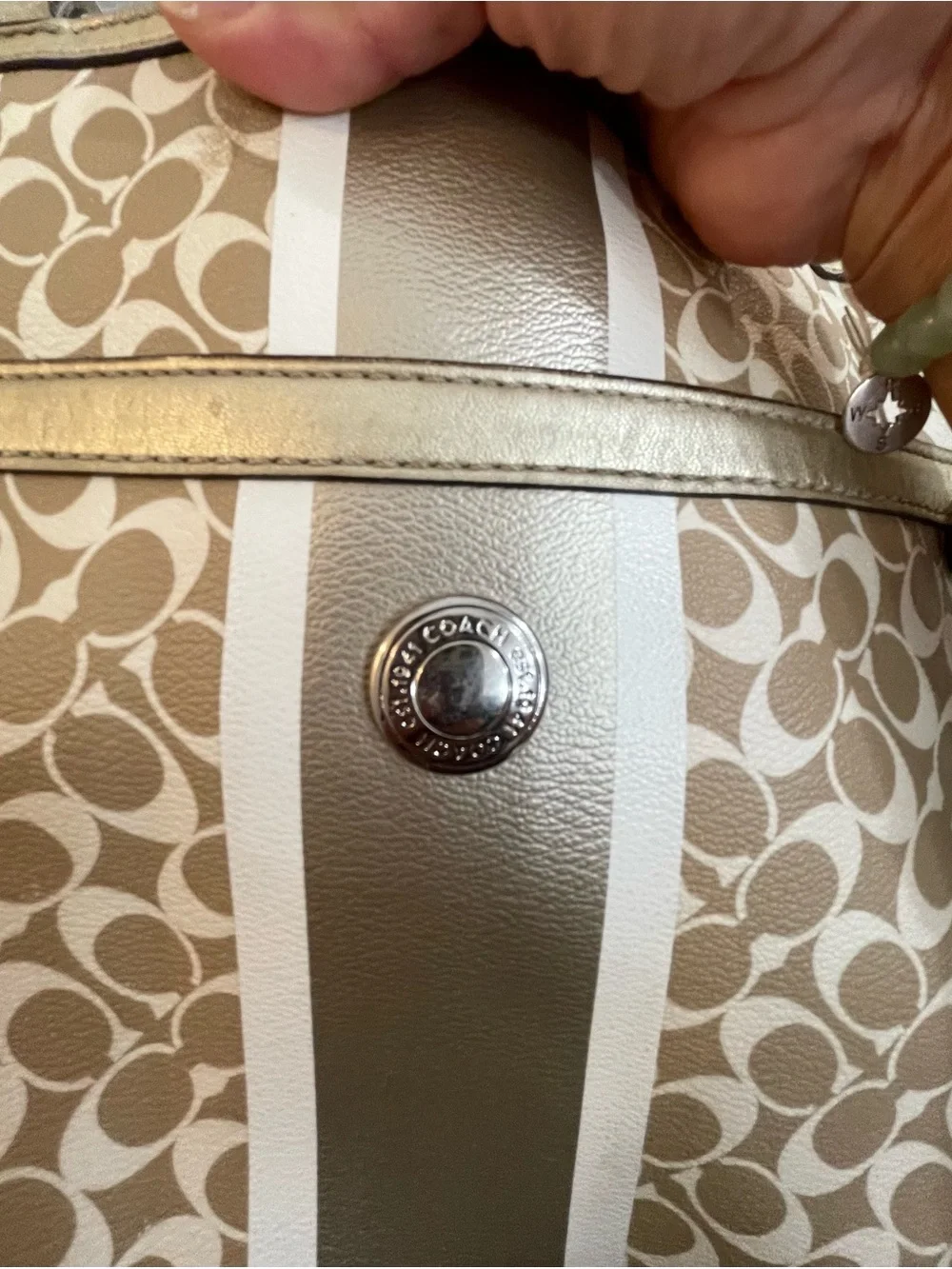 Coach Beige Signature Stripe Tote with Gold Trim